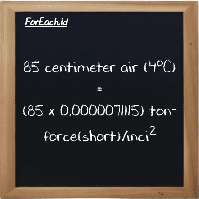 Cara konversi centimeter air (4<sup>o</sup>C) ke ton-force(short)/inci<sup>2</sup> (cmH2O ke tf/in<sup>2</sup>): 85 centimeter air (4<sup>o</sup>C) (cmH2O) setara dengan 85 dikalikan dengan 0.0000071115 ton-force(short)/inci<sup>2</sup> (tf/in<sup>2</sup>)